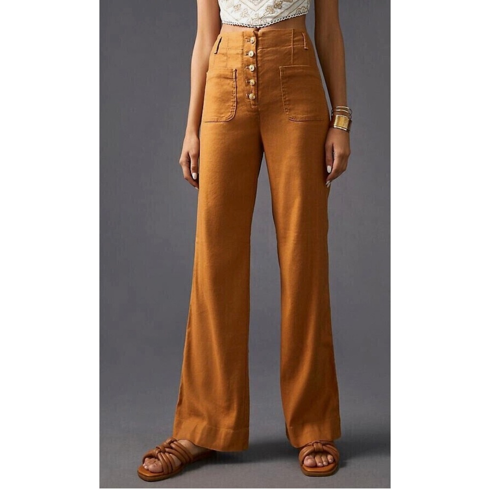 Maeve Anthropologie Cedar Linen Wide Leg Pants Button Fly Size 8 Trousers